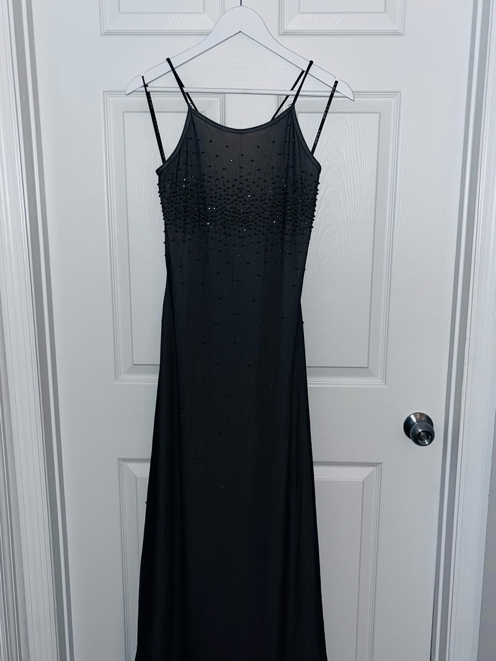Navy Blue Beaded Spaghetti Strap Evening Dress